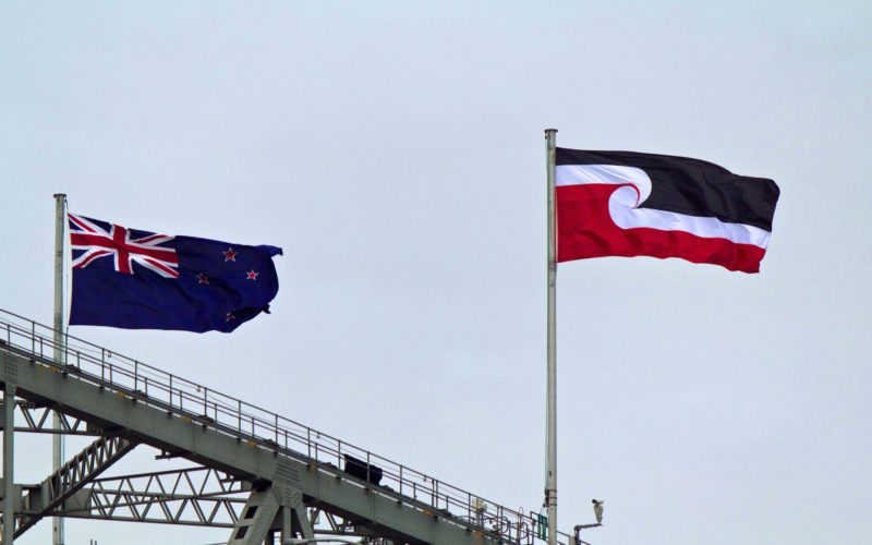 New Zealand's flag flies on top of Auckland's harbour bridge alongside the Tino Rangatiratanga flag.