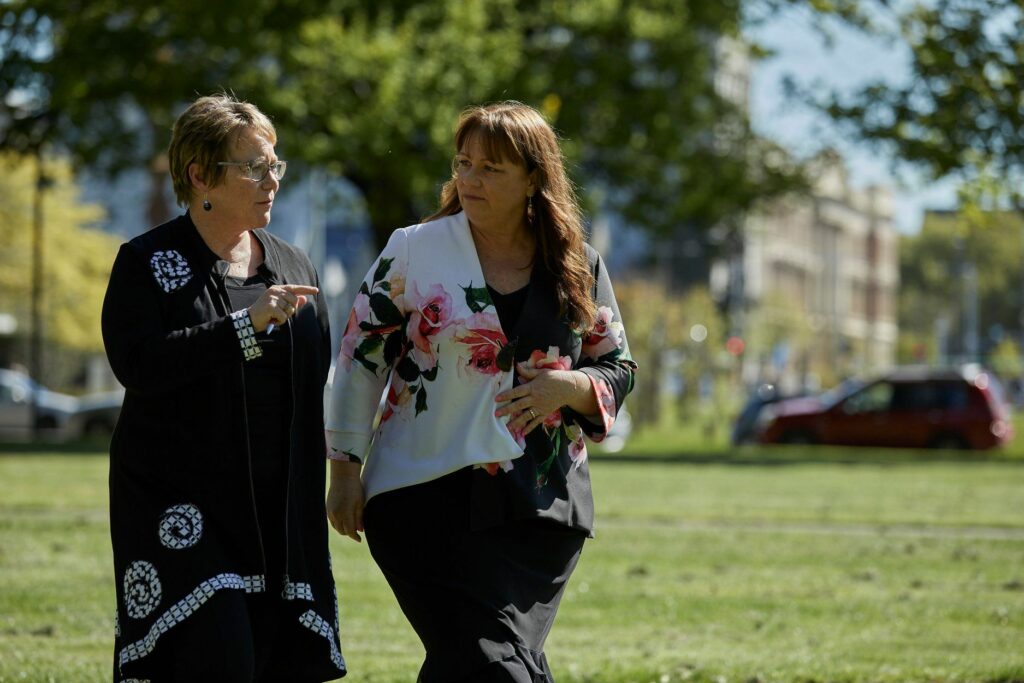 Tracey Martin and Jenny Marcroft walking and talking