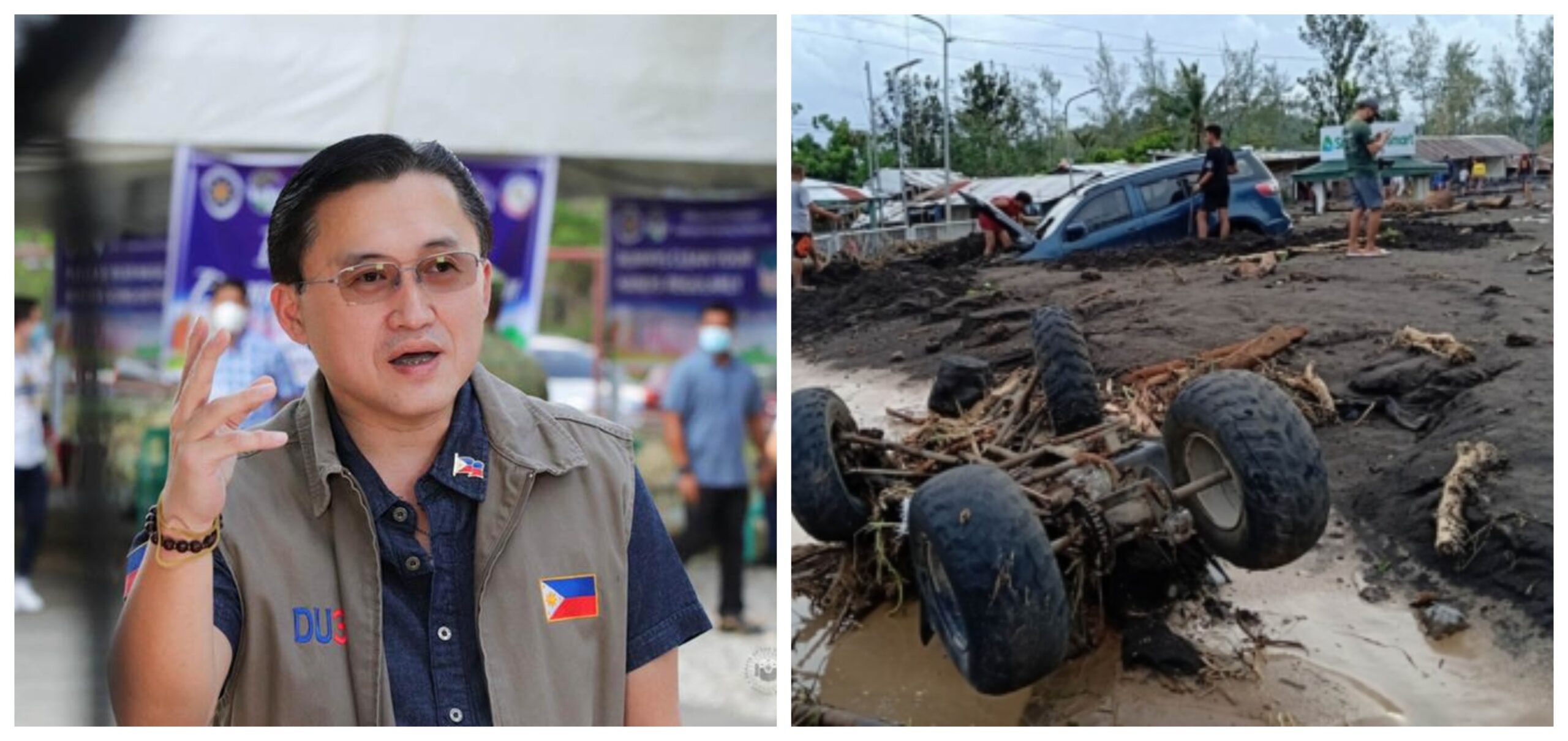 Photos from (L) Bong Go Facebook page and (R) Bhaydz B. Barcia for Rappler Senator Christopher Bong Go Typhoon Rolly Typhoon Siony Disaster Relief Philippines
