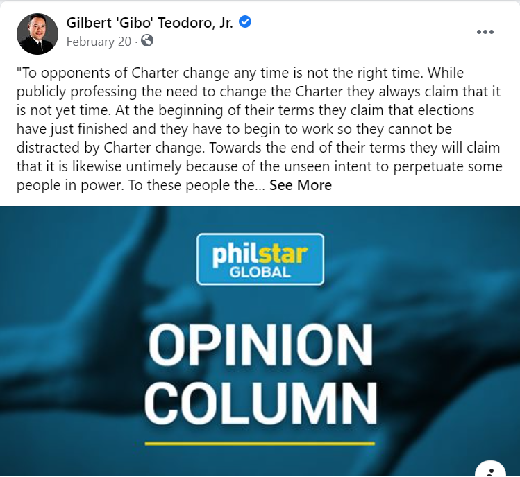 Screenshot of Gilbert Teodoro's Facebook page. charter change 1987 constitution