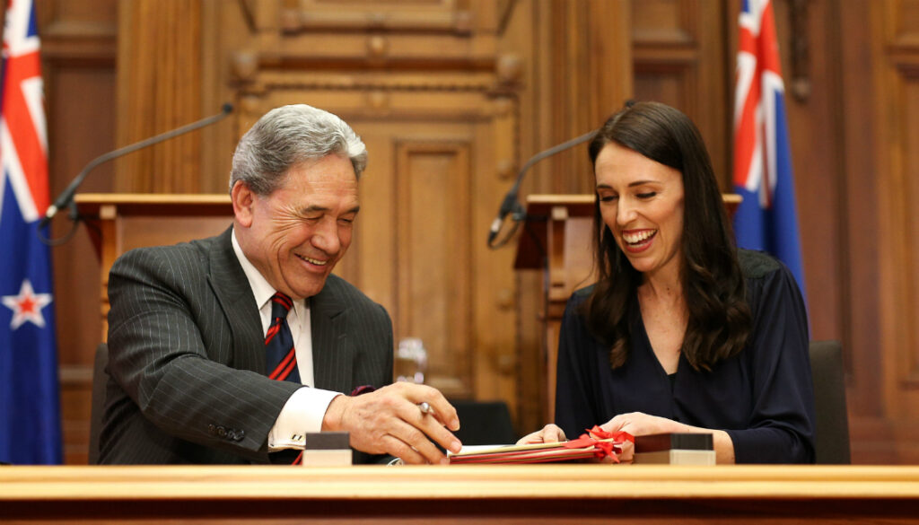 Jacinda Arderns inks her Coalition Agreement with Winston Peters' NZ First party.