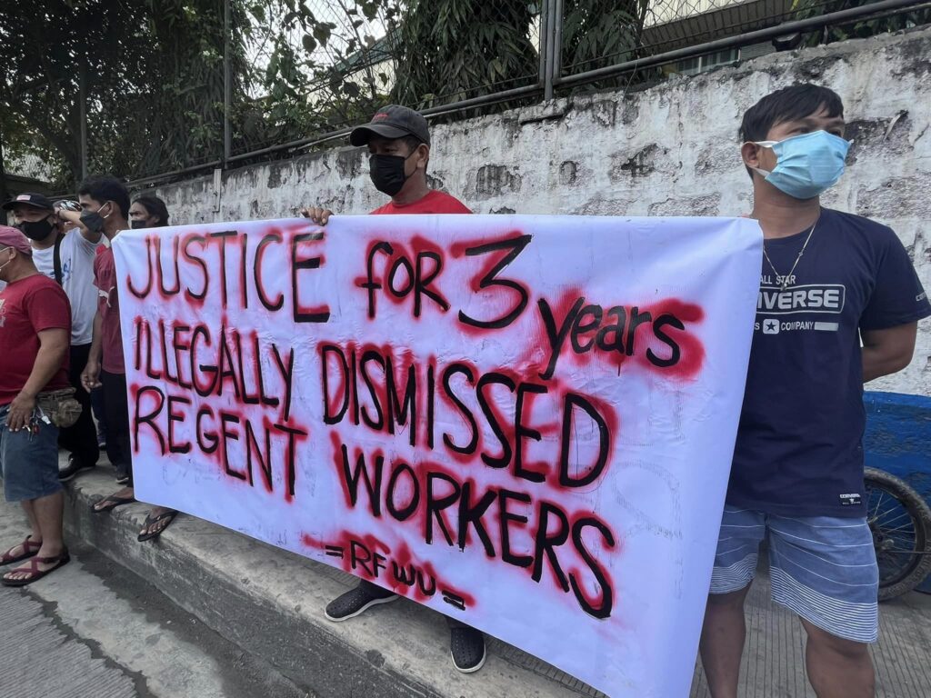 Members of the Regent Foods Workers' Union (RFWU) protest against the illegal dismissal of workers by the Regent Foods Corporation. (Photo: Kilusang Mayo Uno Metro Manila FB page)