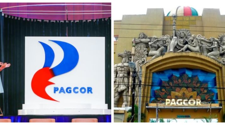 Collage photo of PAGCOR's new logo unveiling and a photo of a PAGCOR-owned casino.