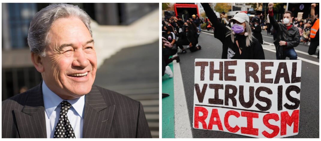 Collage photo of Winston Peters smiling and image of Auckland City protests against murder of George Floyd, photo by Dean Purcell of NZ Herald.