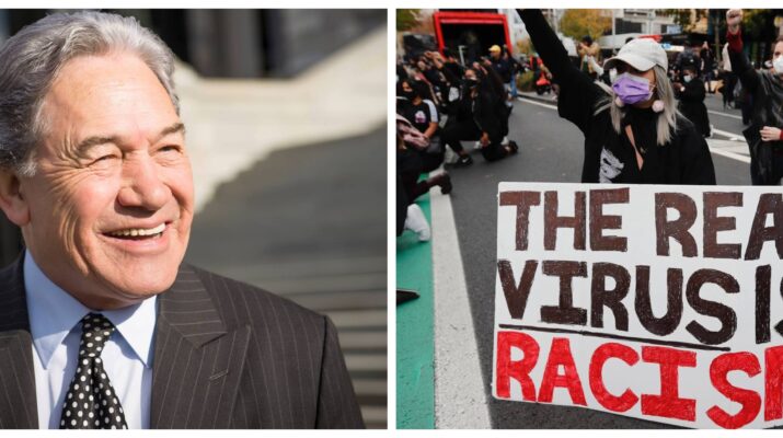 Collage photo of Winston Peters smiling and image of Auckland City protests against murder of George Floyd, photo by Dean Purcell of NZ Herald.