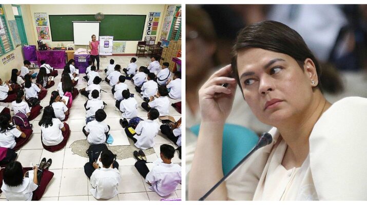 Collage photo of Sara Duterte at Congress hearing and a stock photo of a Philippine classroom.