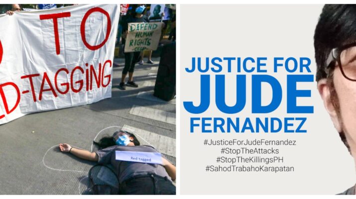 Collage banner photo of a photo of a protest against red-tagging and a poster calling for justice for Jude Thaddeus Fernandez.