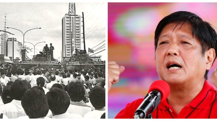 Collage photo banner of the 1986 People Power Revolution and President Bongbong Marcos Jr. giving a public address.