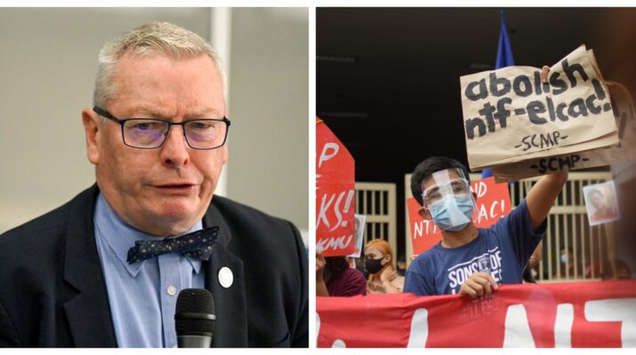 Collage photo of Ian Fry, special rapporteur on the promotion and protection of human rights in the context of climate change, and a protester from the Student Christian Movement of the Philippines calling for the abolition of the NTF-ELCAC.