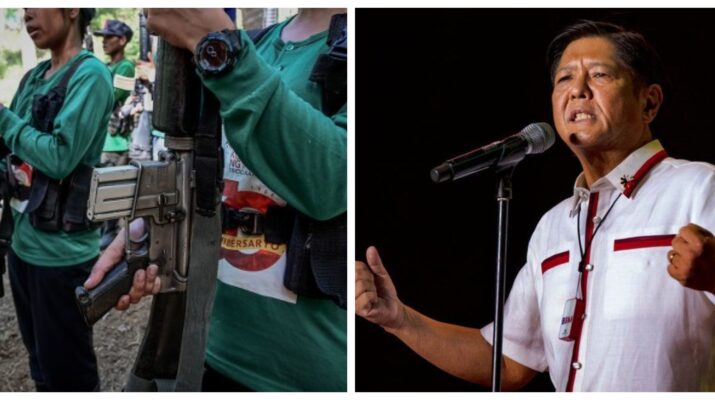 Collage photo of NPA fighters from the Melito Glor Command and a photo of President Bongbong Marcos speaking at a rally.