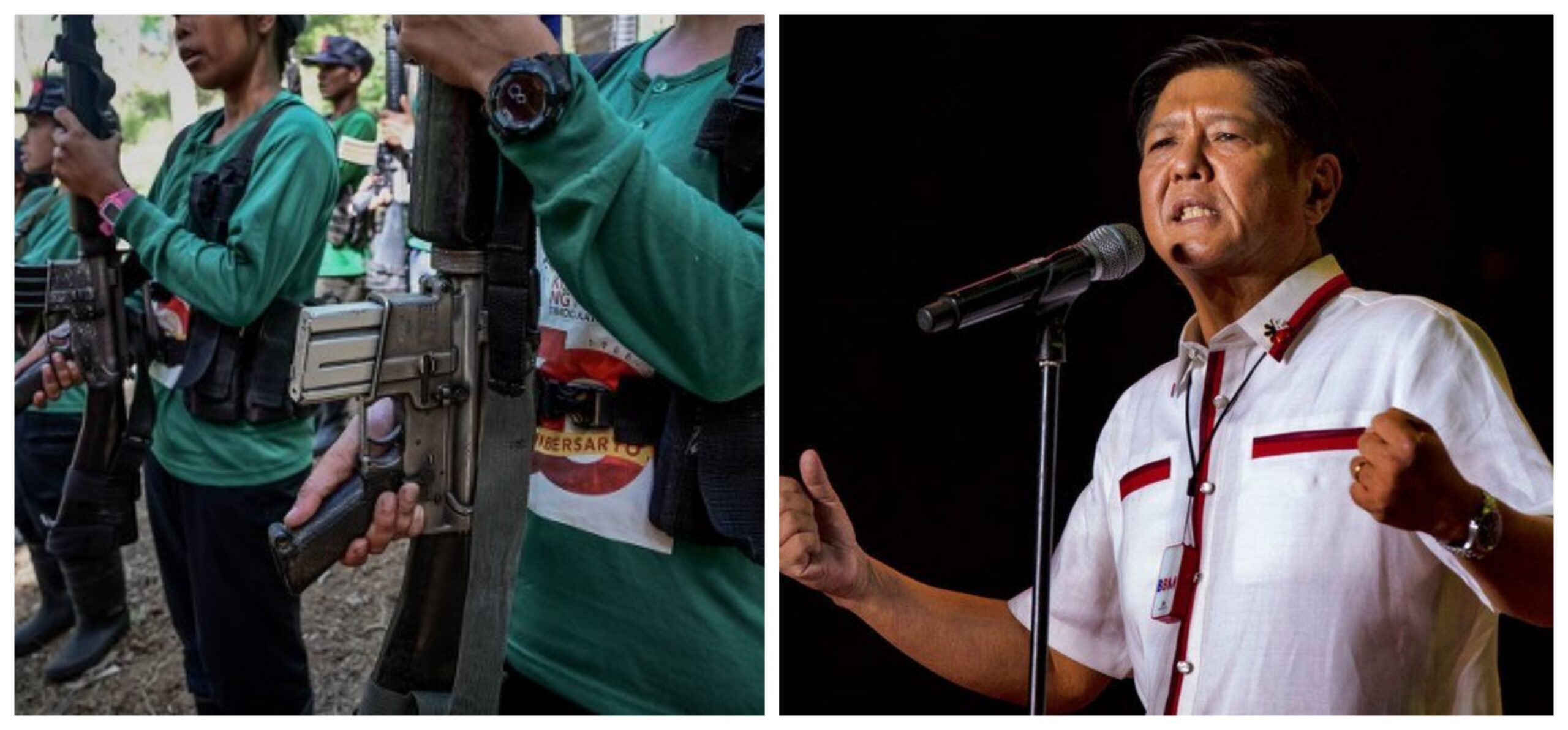 Collage photo of NPA fighters from the Melito Glor Command and a photo of President Bongbong Marcos speaking at a rally.