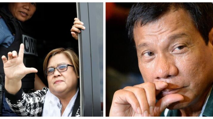 Collage photo of Leila de Lima being arrested in 2017 and a close-up shot of President Rodrigo Duterte