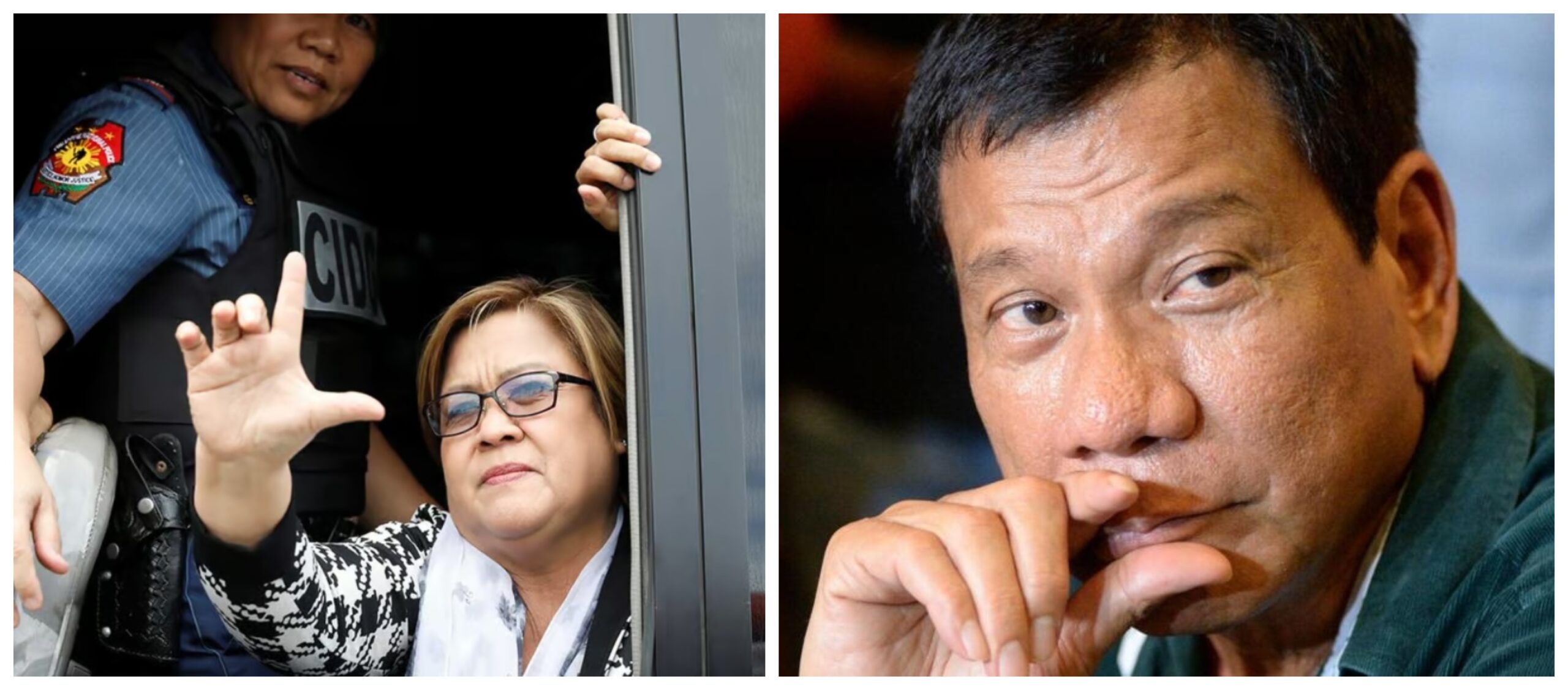 Collage photo of Leila de Lima being arrested in 2017 and a close-up shot of President Rodrigo Duterte
