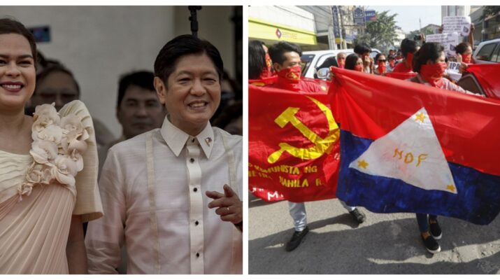 Collage photo of President Bongbong Marcos and Vice President Sara Duterte, and a photo of members of the underground movement staging a lightning rally.