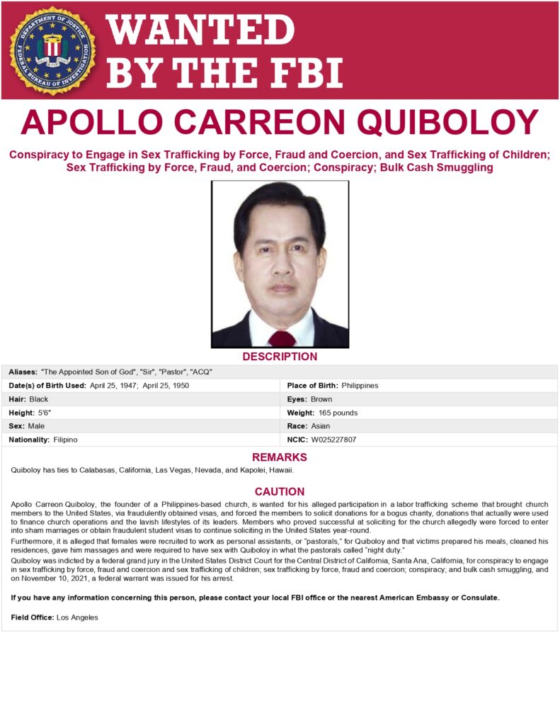 The FBI wanted poster on Apollo Quiboloy.