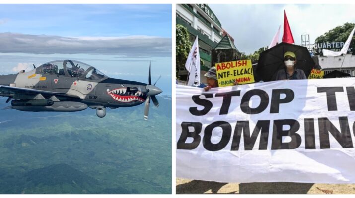 Banner collage photo of A29 Super Tucano Philippine Air Force Karapatan mass organisation Stop the Bombings campaign