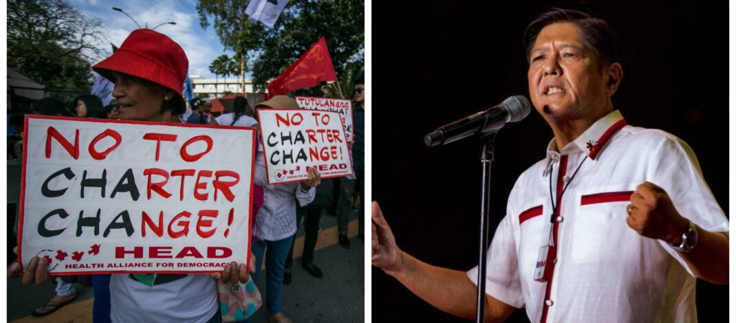 Banner collage photo of Health Alliance for Democracy rally against charter change and President Bongbong Marcos.