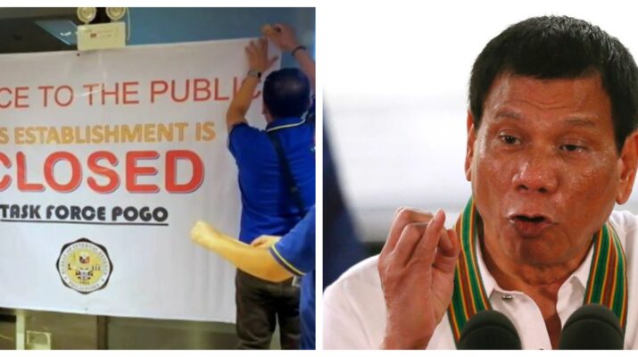 Collage photo of a POGO establishment being shut down and former President Rodrigo Duterte