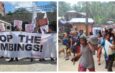 Banner photo collage of Karapatan Philippines protest against aerial bombings and Lumad bakwit evacuees.