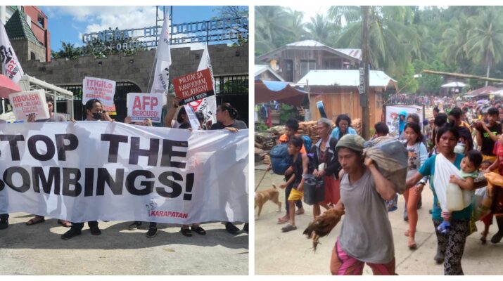 Banner photo collage of Karapatan Philippines protest against aerial bombings and Lumad bakwit evacuees.