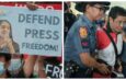 Collage photo of a rally calling to Defend Press Freedom and a photo of Maria Ressa being arrested by Philippine police.