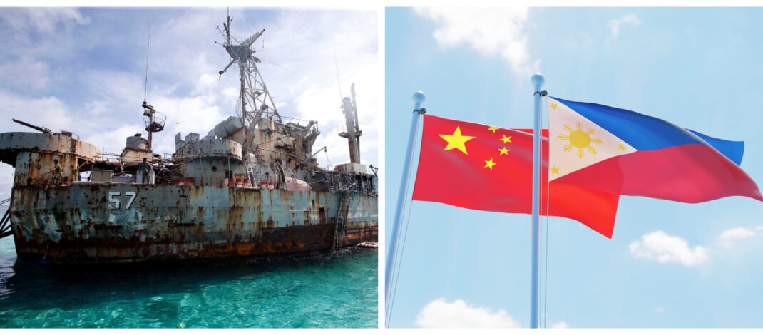 Banner photo collage of the BRP Sierra Madre on Ayungin Shoal and a stock image of the Philippines and People's Republic of China flags.