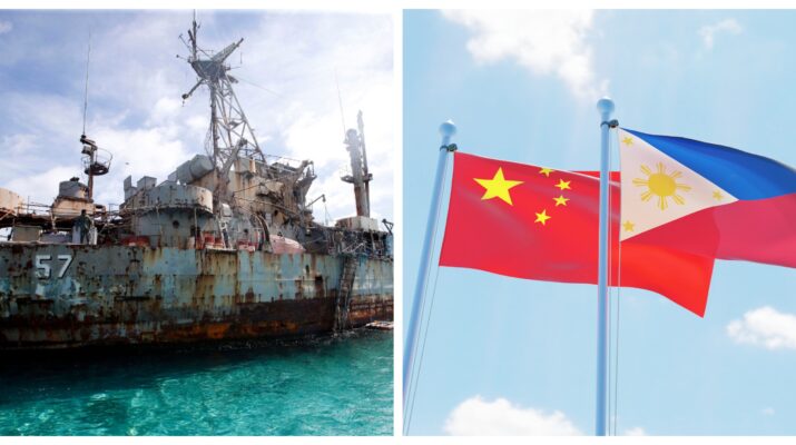 Banner photo collage of the BRP Sierra Madre on Ayungin Shoal and a stock image of the Philippines and People's Republic of China flags.