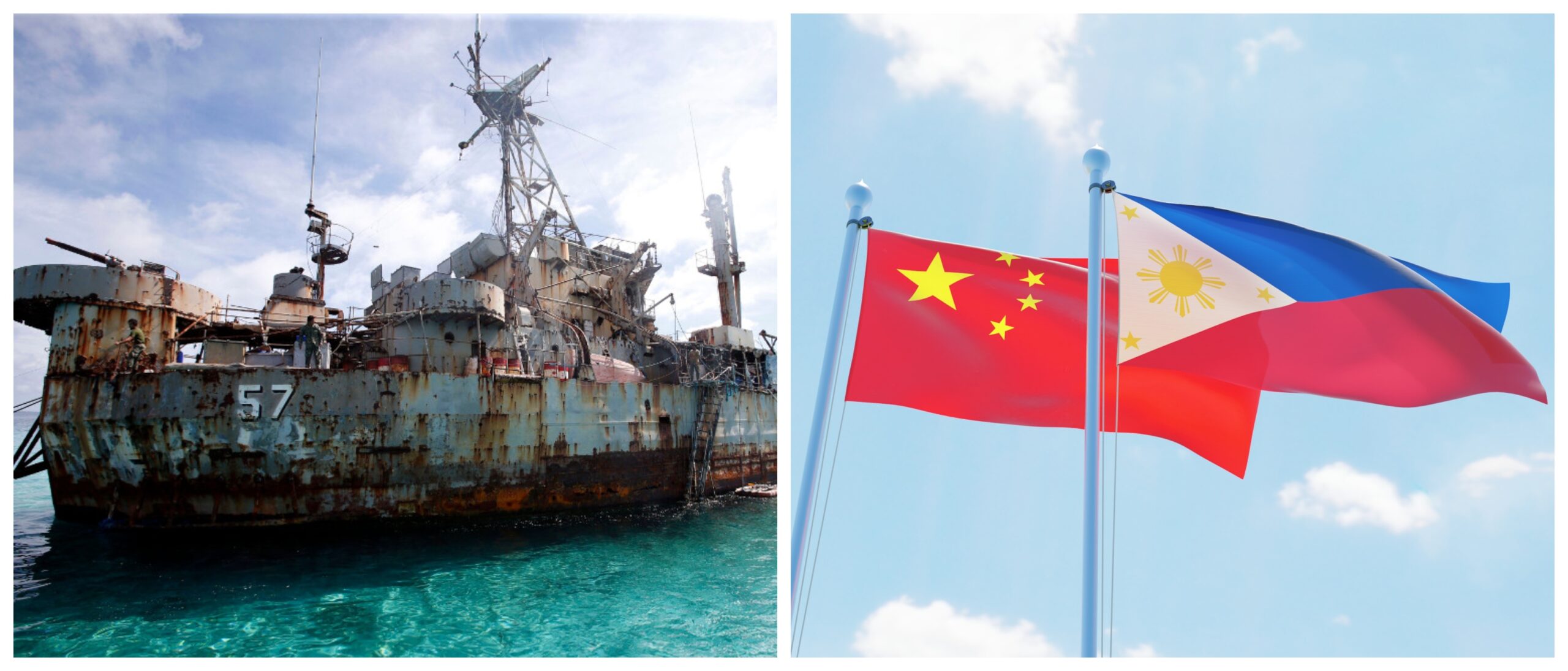 Banner photo collage of the BRP Sierra Madre on Ayungin Shoal and a stock image of the Philippines and People's Republic of China flags.