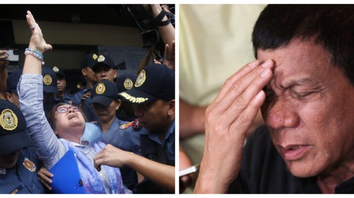 Banner collage photo of Leila de Lima being freed on bail in 2023, and a photo of former President Rodrigo Duterte facepalming.