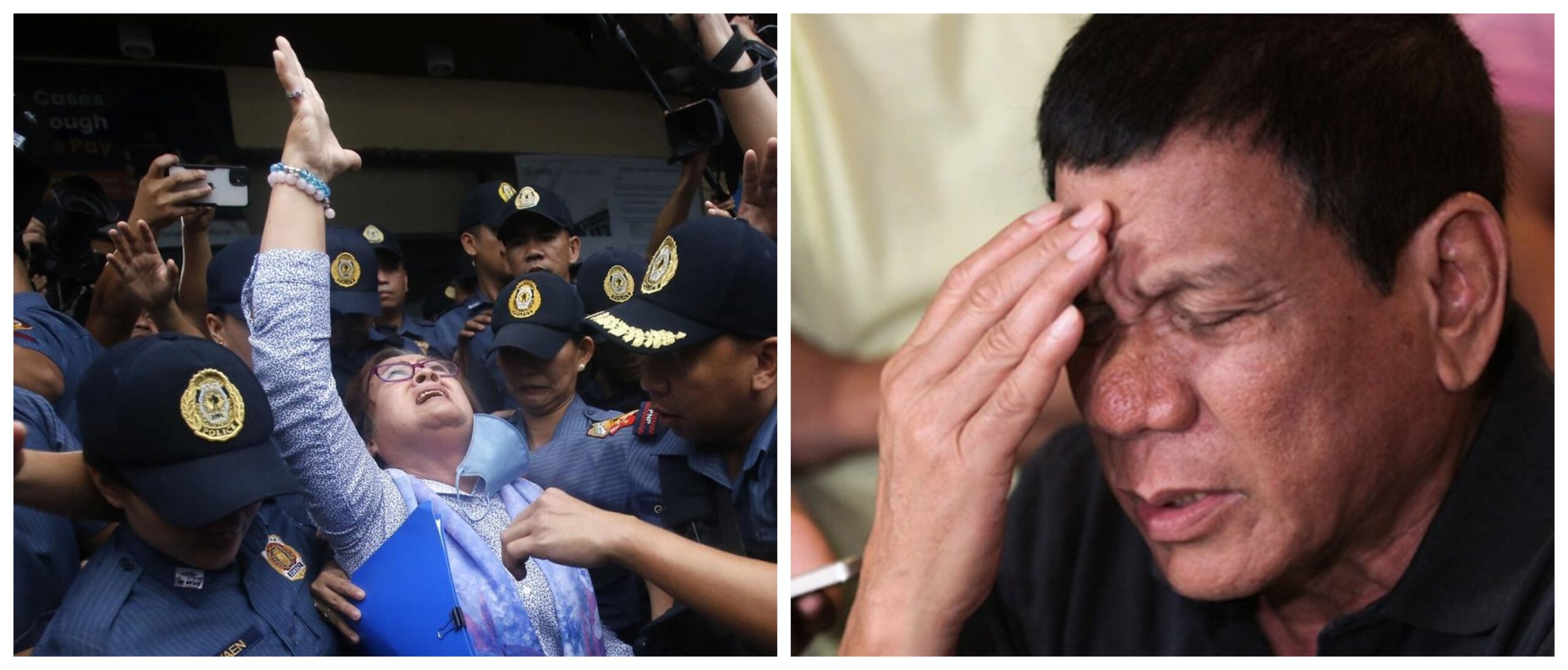 Banner collage photo of Leila de Lima being freed on bail in 2023, and a photo of former President Rodrigo Duterte facepalming.