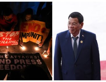 Collage banner photo of Rodrigo Duterte and Sara Duterte and a candlelight vigil for Percy Lapid and slain journalists.