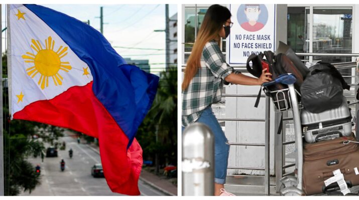 Collage banner photo of the Philippine flag and Filipinos emigrating.