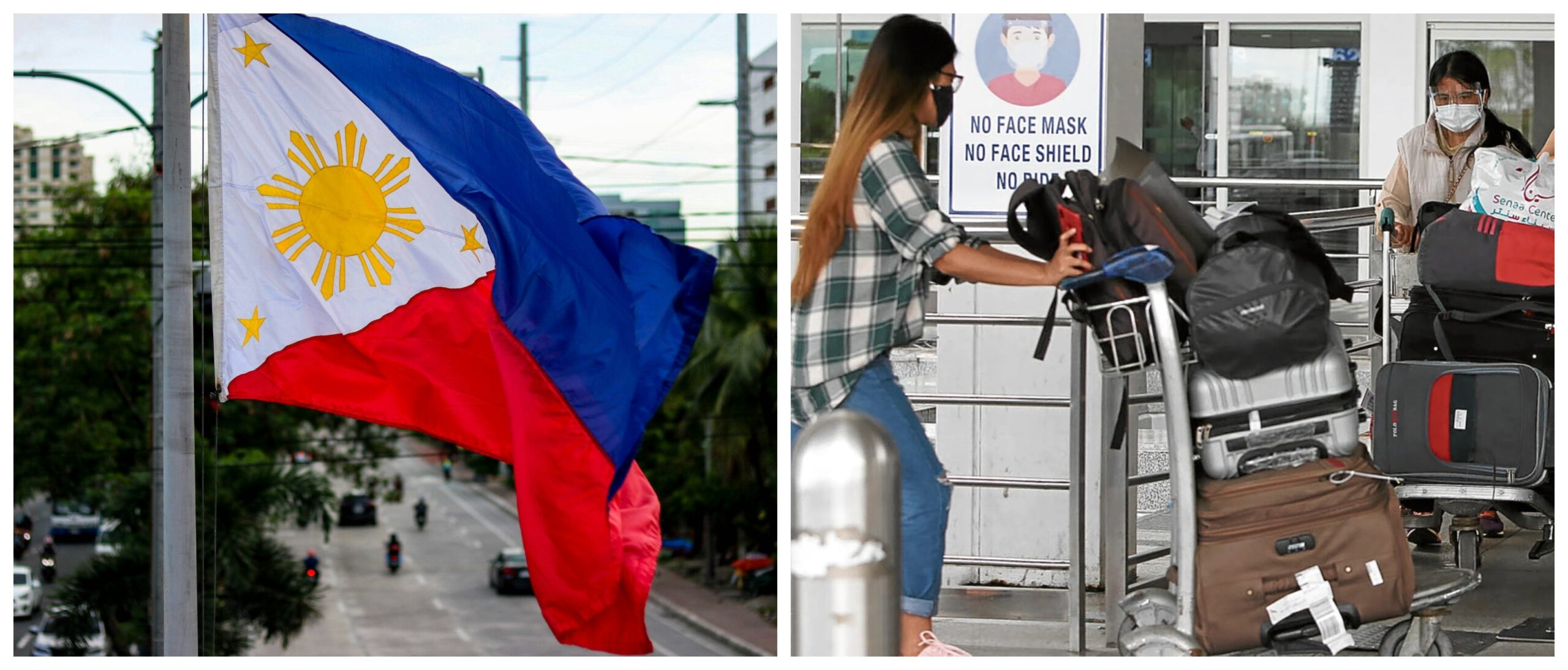 Collage banner photo of the Philippine flag and Filipinos emigrating.