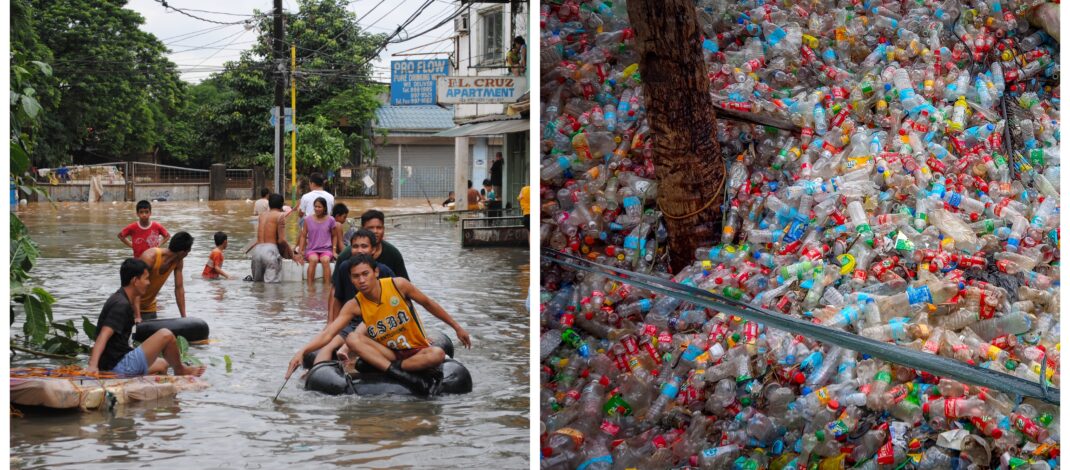Banner collage photo of a flooded street in Manila and plastic bottle pollution in the Philippines.