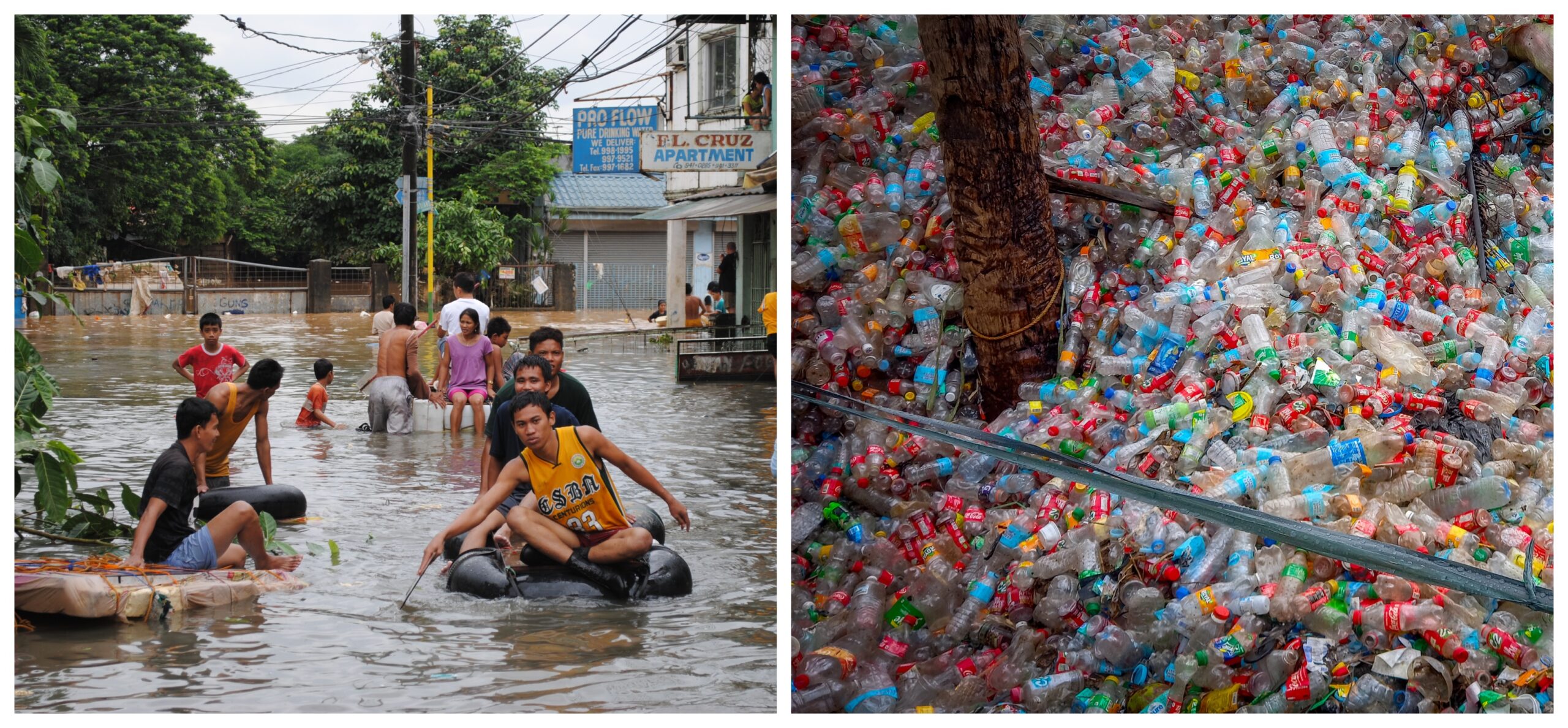 Banner collage photo of a flooded street in Manila and plastic bottle pollution in the Philippines.