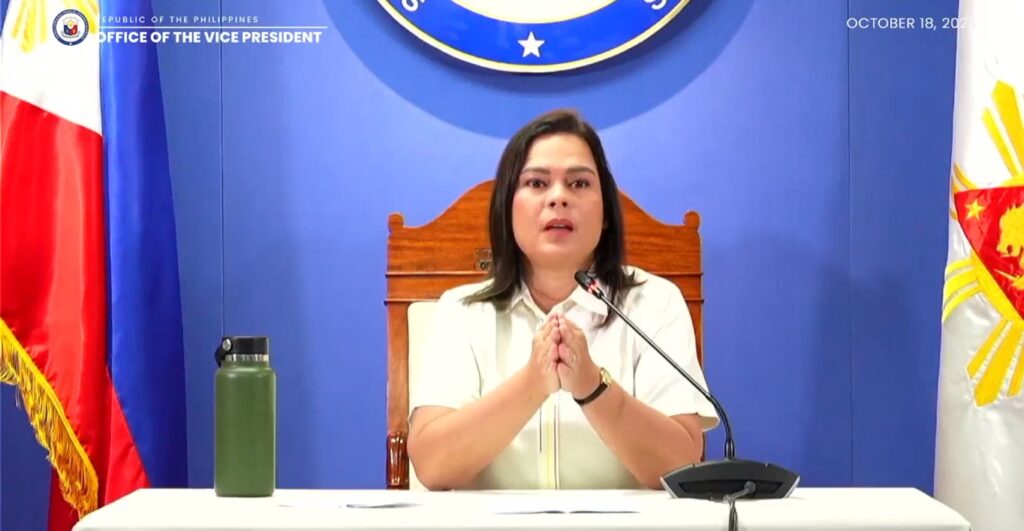 VP Sara Duterte speaks during a press conference on Friday 18 October. (Screenshot: Inday Sara Duterte/Facebook)