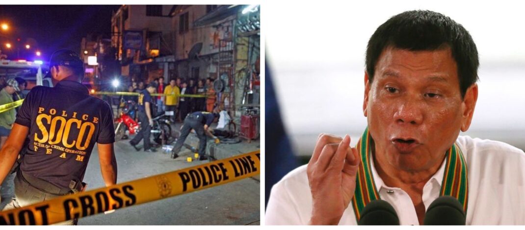 Banner collage photo of Rodrigo Duterte speaking and a crime scene during the Philippine war on drugs.