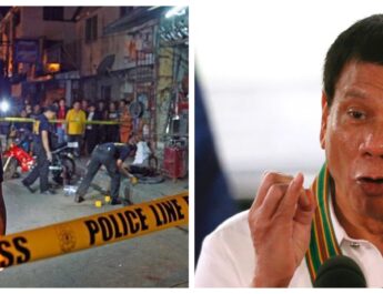 Banner collage photo of Rodrigo Duterte speaking and a crime scene during the Philippine war on drugs.