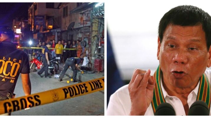 Banner collage photo of Rodrigo Duterte speaking and a crime scene during the Philippine war on drugs.