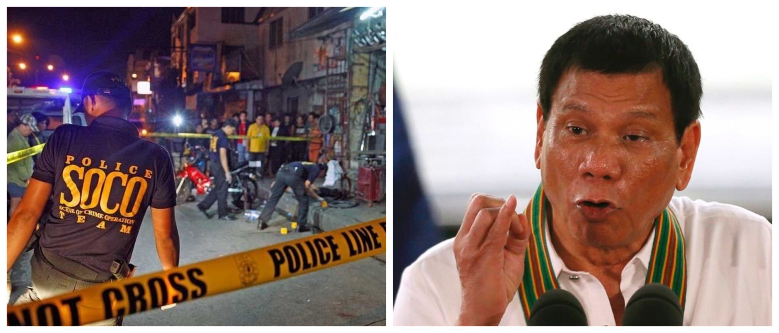 Banner collage photo of Rodrigo Duterte speaking and a crime scene during the Philippine war on drugs.