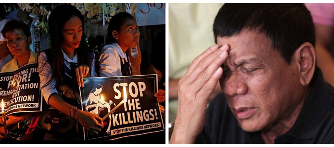 Banner collage photo of students protesting the death of Kian de los Santos, photo by Dondi Tawatao of REUTERS and a close-up image of Rodrigo Duterte