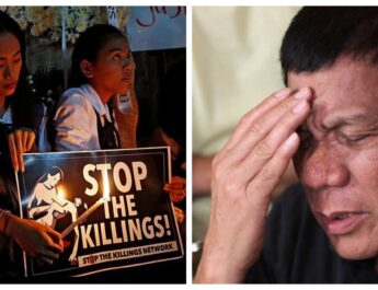 Banner collage photo of students protesting the death of Kian de los Santos, photo by Dondi Tawatao of REUTERS and a close-up image of Rodrigo Duterte