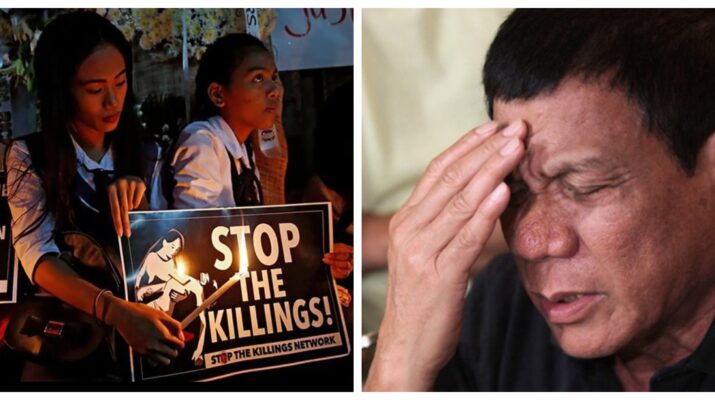 Banner collage photo of students protesting the death of Kian de los Santos, photo by Dondi Tawatao of REUTERS and a close-up image of Rodrigo Duterte