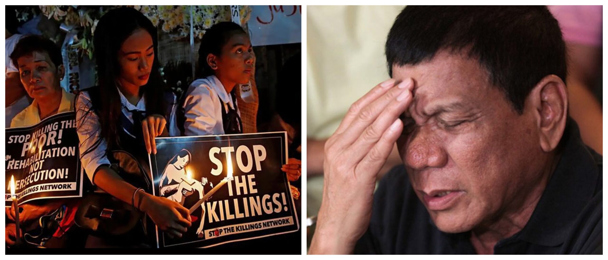 Banner collage photo of students protesting the death of Kian de los Santos, photo by Dondi Tawatao of REUTERS and a close-up image of Rodrigo Duterte