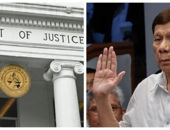 Banner collage photo of Department of Justice Philippines building and former president Rodrigo Duterte at the QuadComm hearing.