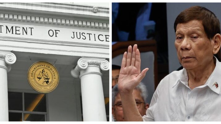 Banner collage photo of Department of Justice Philippines building and former president Rodrigo Duterte at the QuadComm hearing.