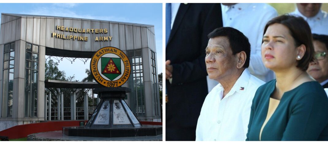 Banner collage photo Inday Sara Duterte and Rodrigo Duterte and a stock image of the Philippine Army headquarters.