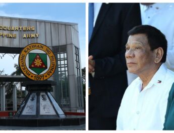 Banner collage photo Inday Sara Duterte and Rodrigo Duterte and a stock image of the Philippine Army headquarters.