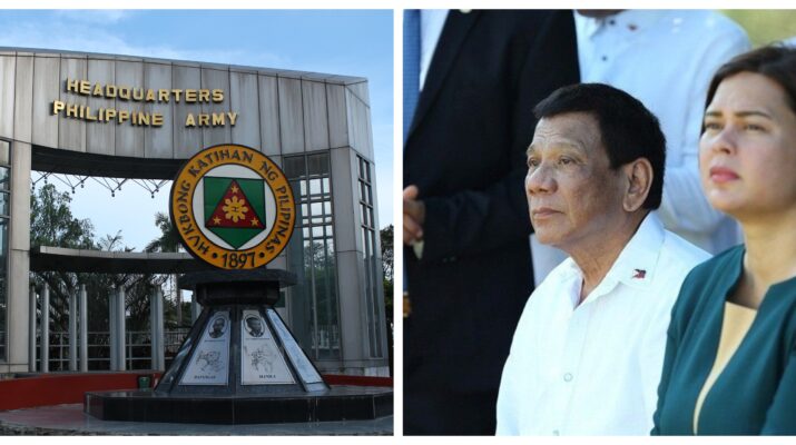 Banner collage photo Inday Sara Duterte and Rodrigo Duterte and a stock image of the Philippine Army headquarters.