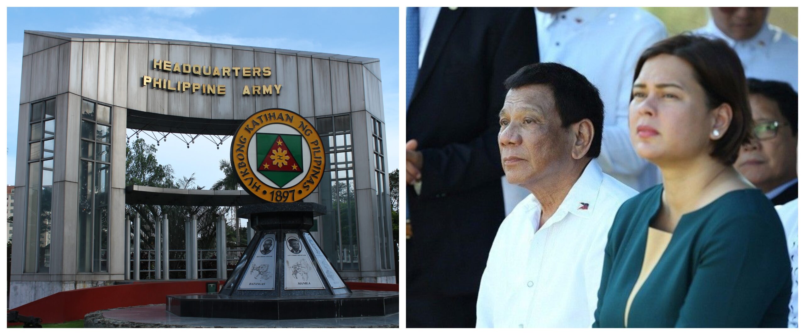 Banner collage photo Inday Sara Duterte and Rodrigo Duterte and a stock image of the Philippine Army headquarters.